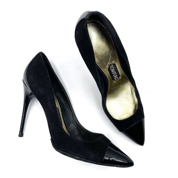 SOLD-Tom Ford Suede Pumps Black Patent Cap Toe Stiletto Heels Point Toe - Picture 2 of 10